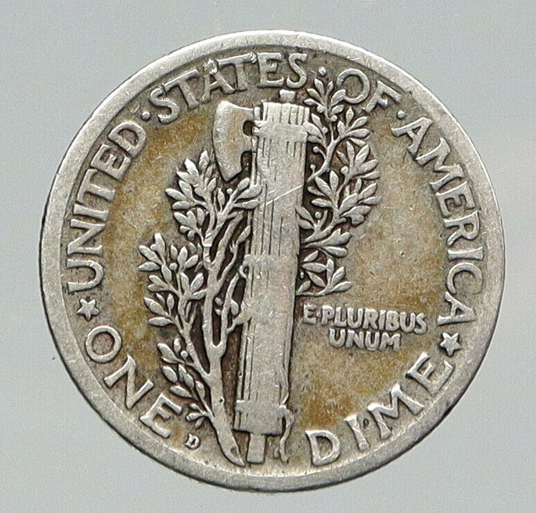 1918 D UNITED STATES Mercury Winged Liberty Head Dime Silver Coin Fasces i91856