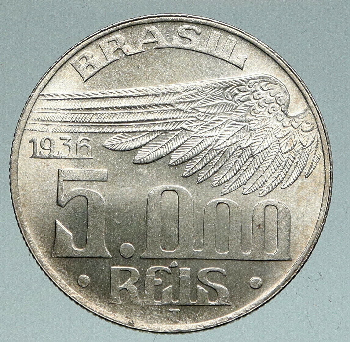 1936 BRAZIL Alberto Santos Dumont AVIATION Antique Silver 5000 Reis Coin i91096