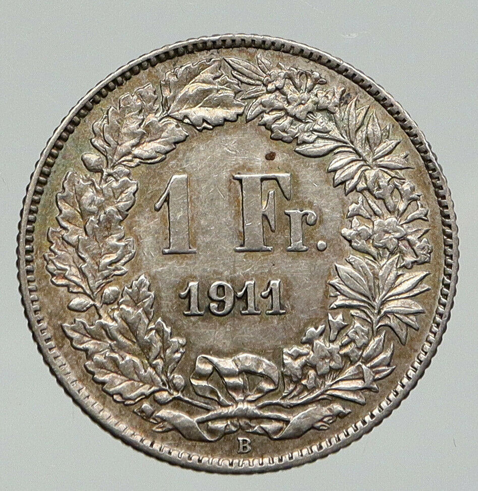 1911 B SWITZERLAND - HELVETIA Symbolizes SWISS Nation SILVER 1 Franc Coin i91860