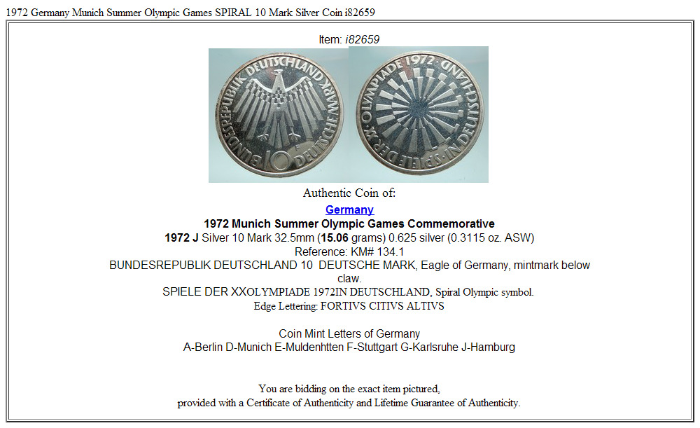 1972 Germany Munich Summer Olympic Games SPIRAL 10 Mark Silver Coin i82659