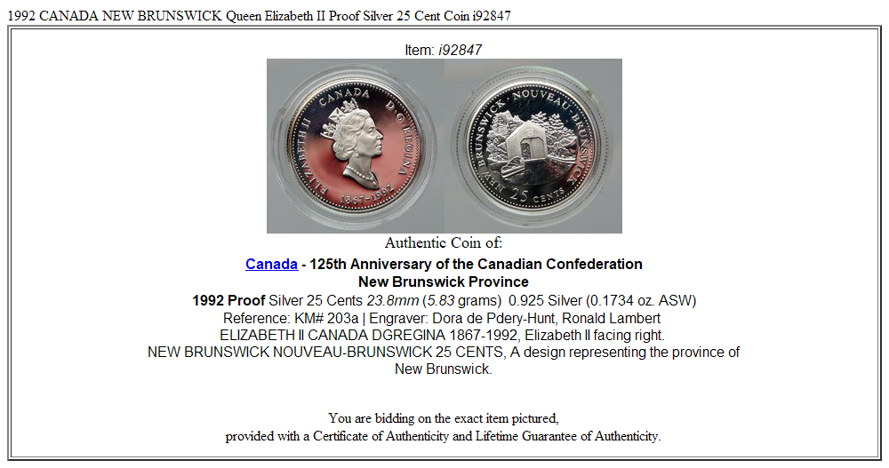 1992 CANADA NEW BRUNSWICK Queen Elizabeth II Proof Silver 25 Cent Coin i92847