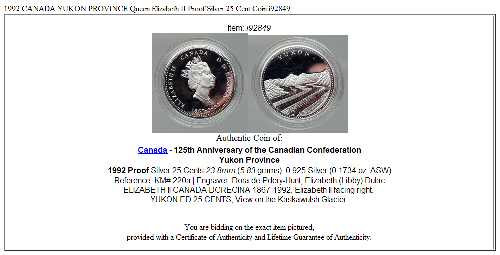 1992 CANADA YUKON PROVINCE Queen Elizabeth II Proof Silver 25 Cent Coin i92849