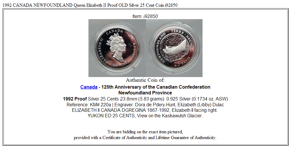 1992 CANADA NEWFOUNDLAND Queen Elizabeth II Proof OLD Silver 25 Cent Coin i92850