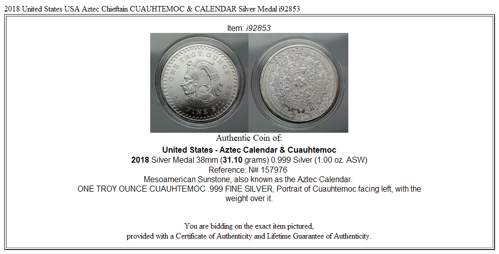 2018 United States USA Aztec Chieftain CUAUHTEMOC & CALENDAR Silver Medal i92853