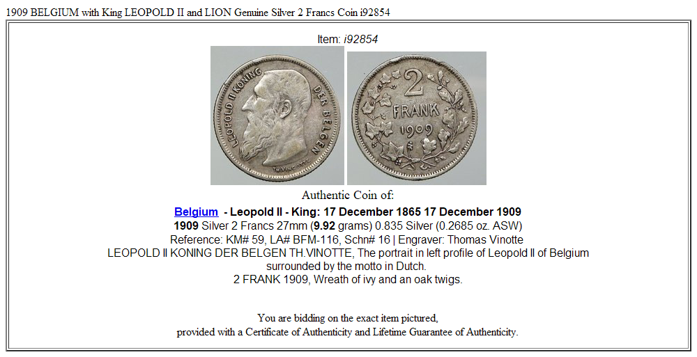 1909 BELGIUM with King LEOPOLD II and LION Genuine Silver 2 Francs Coin i92854