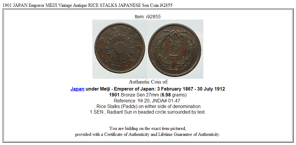 1901 JAPAN Emperor MEIJI Vintage Antique RICE STALKS JAPANESE Sen Coin i92855