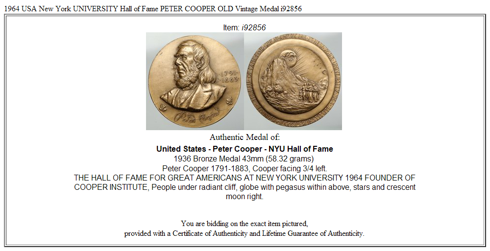 1964 USA New York UNIVERSITY Hall of Fame PETER COOPER OLD Vintage Medal i92856