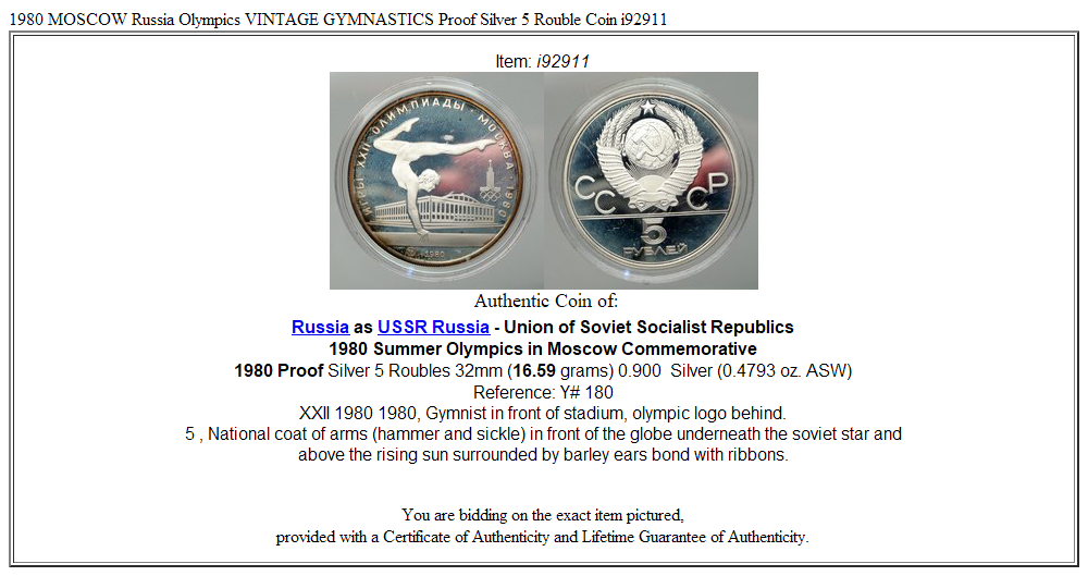 1980 MOSCOW Russia Olympics VINTAGE GYMNASTICS Proof Silver 5 Rouble Coin i92911