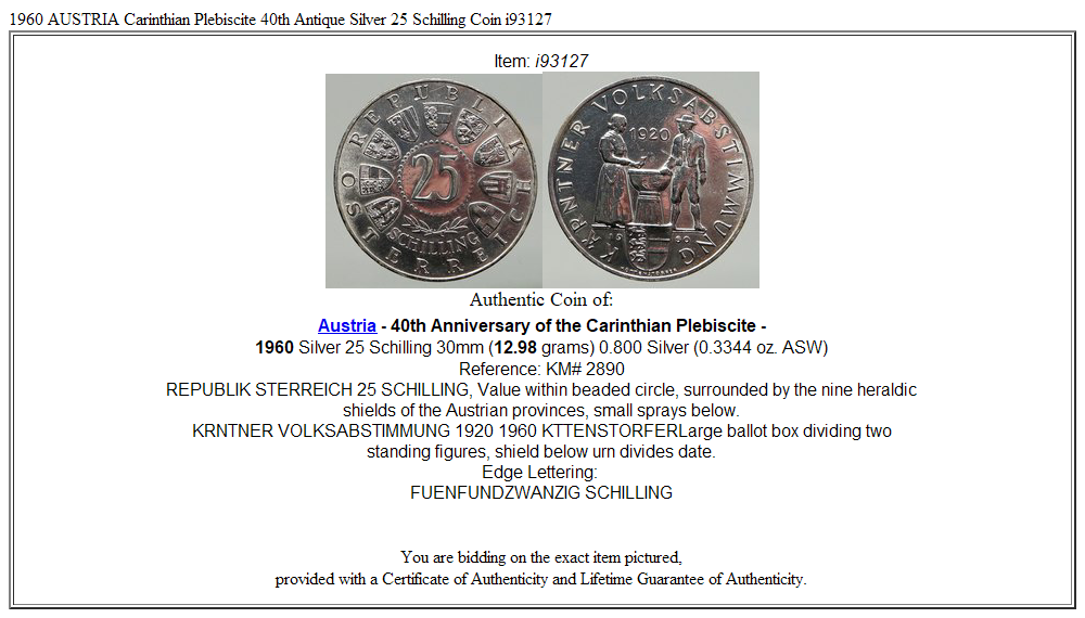 1960 AUSTRIA Carinthian Plebiscite 40th Antique Silver 25 Schilling Coin i93127