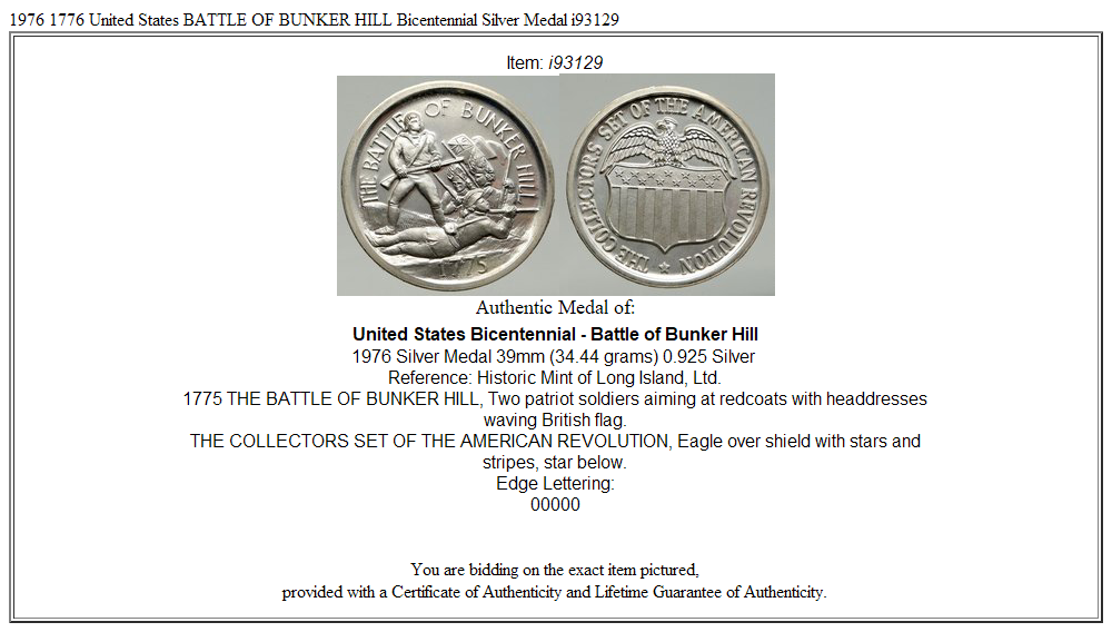 1976 1776 United States BATTLE OF BUNKER HILL Bicentennial Silver Medal i93129