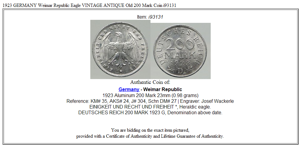 1923 GERMANY Weimar Republic Eagle VINTAGE ANTIQUE Old 200 Mark Coin i93131