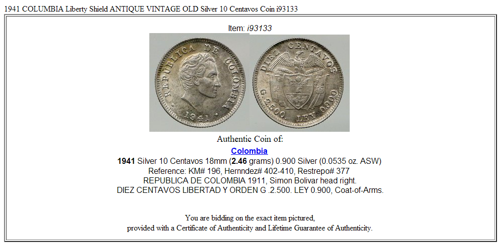 1941 COLUMBIA Liberty Shield ANTIQUE VINTAGE OLD Silver 10 Centavos Coin i93133