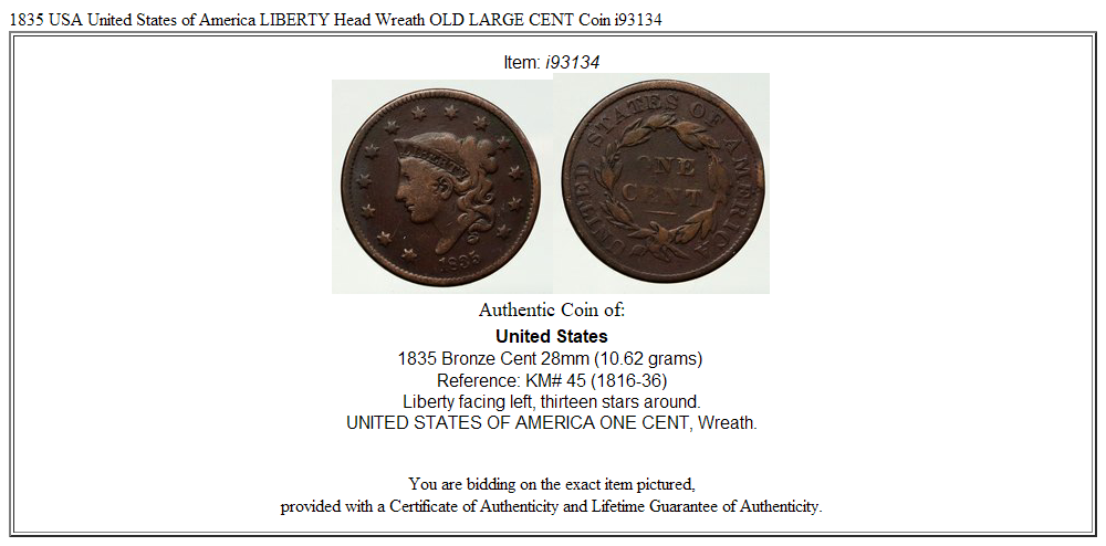 1835 USA United States of America LIBERTY Head Wreath OLD LARGE CENT Coin i93134