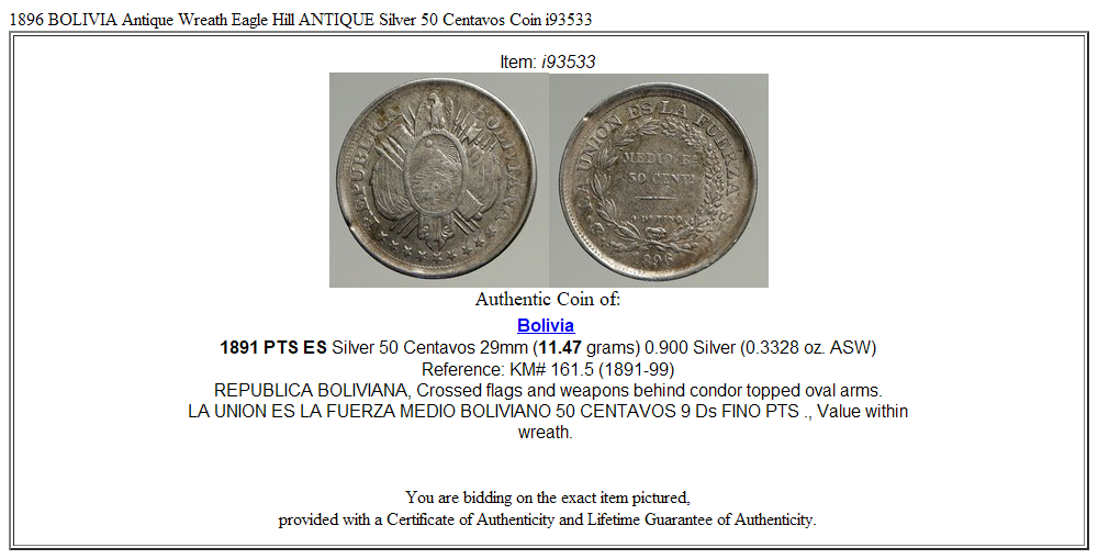 1896 BOLIVIA Antique Wreath Eagle Hill ANTIQUE Silver 50 Centavos Coin i93533