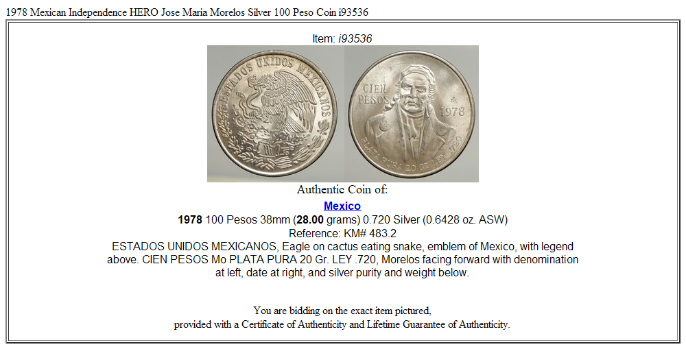 1978 Mexican Independence HERO Jose Maria Morelos Silver 100 Peso Coin i93536