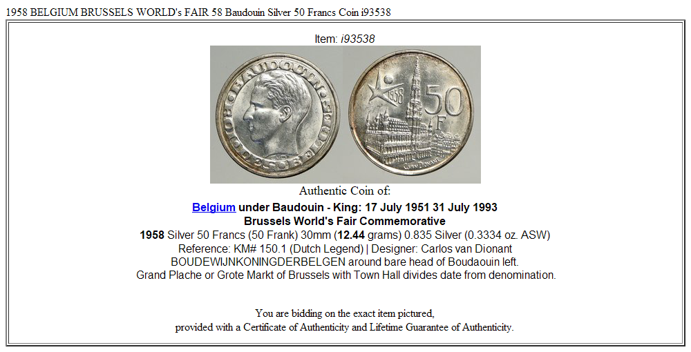 1958 BELGIUM BRUSSELS WORLD's FAIR 58 Baudouin Silver 50 Francs Coin i93538