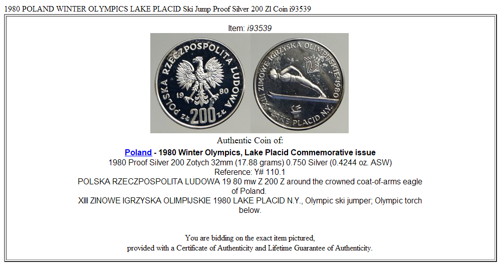 1980 POLAND WINTER OLYMPICS LAKE PLACID Ski Jump Proof Silver 200 Zl Coin i93539