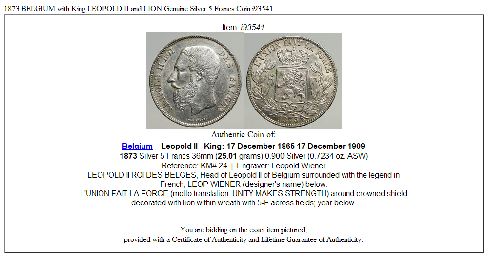 1873 BELGIUM with King LEOPOLD II and LION Genuine Silver 5 Francs Coin i93541