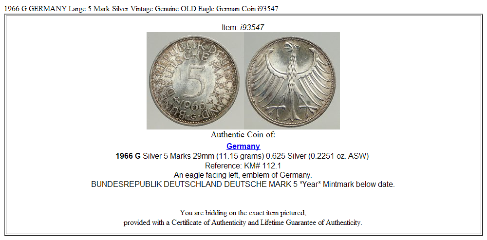 1966 G GERMANY Large 5 Mark Silver Vintage Genuine OLD Eagle German Coin i93547