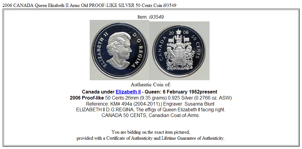 2006 CANADA Queen Elizabeth II Arms Old PROOF-LIKE SILVER 50 Cents Coin i93549