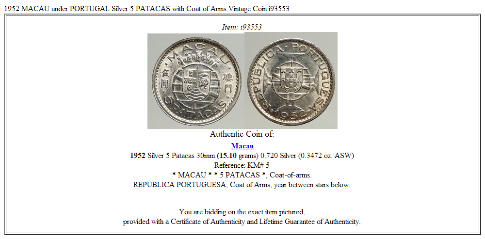 1952 MACAU under PORTUGAL Silver 5 PATACAS with Coat of Arms Vintage Coin i93553