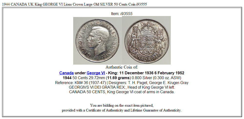 1944 CANADA UK King GEORGE VI Lions Crown Large Old SILVER 50 Cents Coin i93555