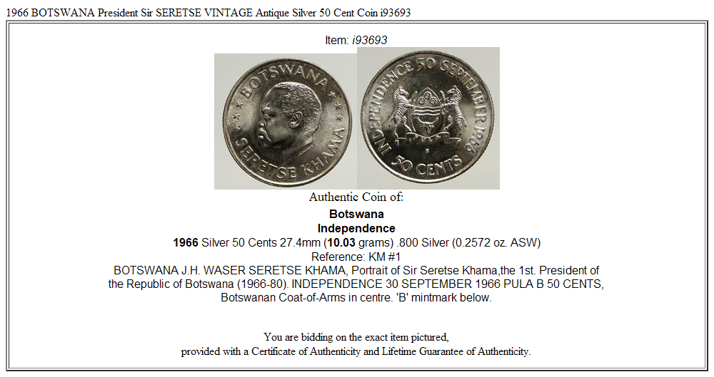 1966 BOTSWANA President Sir SERETSE VINTAGE Antique Silver 50 Cent Coin i93693