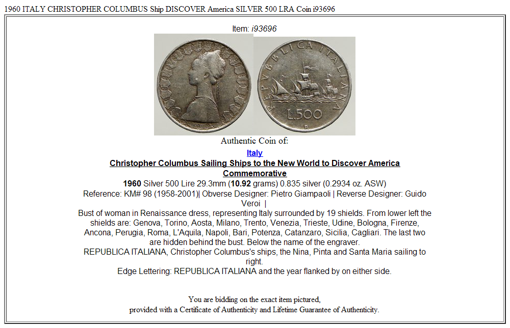 1960 ITALY CHRISTOPHER COLUMBUS Ship DISCOVER America SILVER 500 LRA Coin i93696