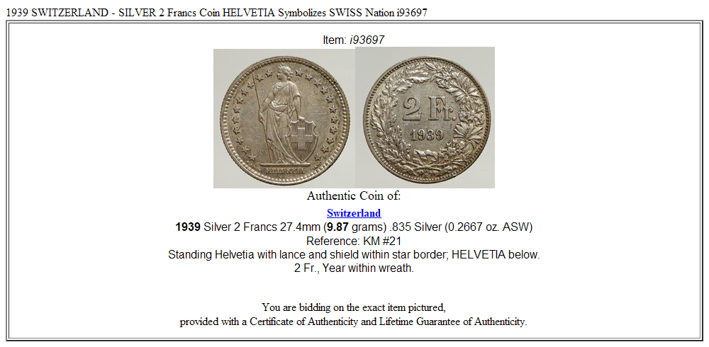 1939 SWITZERLAND - SILVER 2 Francs Coin HELVETIA Symbolizes SWISS Nation i93697