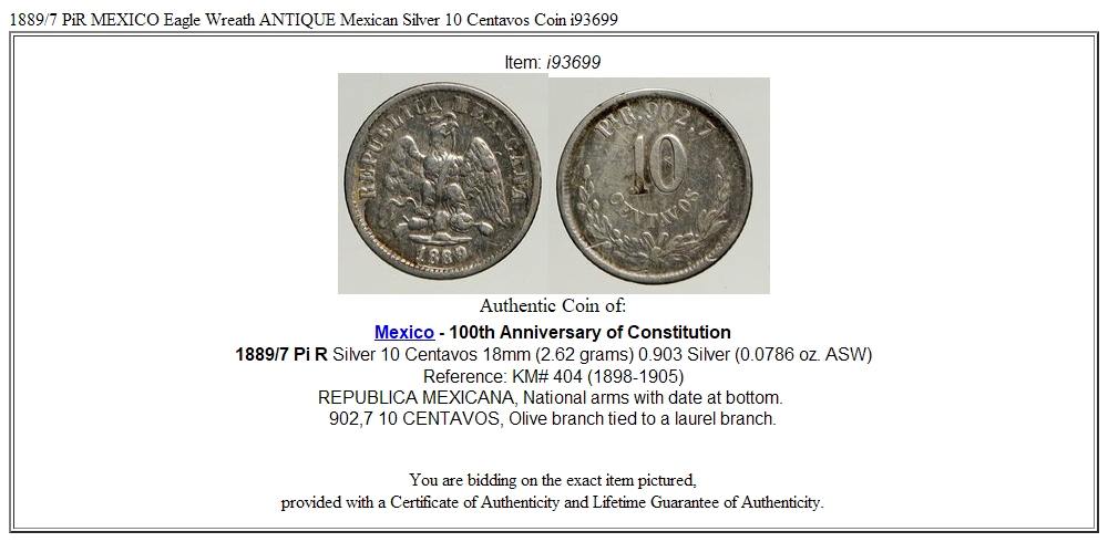 1889/7 PiR MEXICO Eagle Wreath ANTIQUE Mexican Silver 10 Centavos Coin i93699