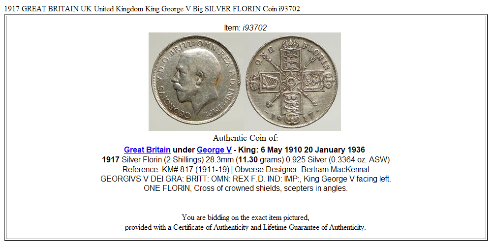 1917 GREAT BRITAIN UK United Kingdom King George V Big SILVER FLORIN Coin i93702