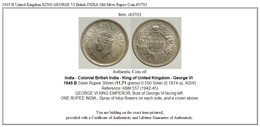 1945 B United Kingdom KING GEORGE VI British INDIA Old Silver Rupee Coin i93703