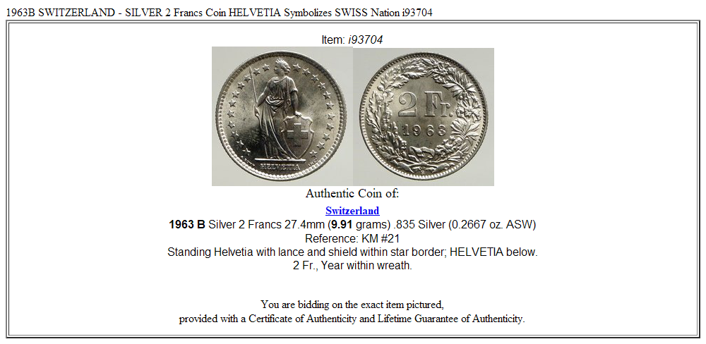 1963B SWITZERLAND - SILVER 2 Francs Coin HELVETIA Symbolizes SWISS Nation i93704