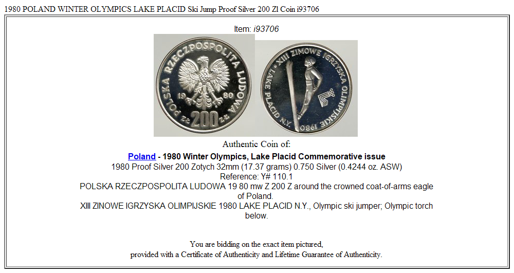 1980 POLAND WINTER OLYMPICS LAKE PLACID Ski Jump Proof Silver 200 Zl Coin i93706