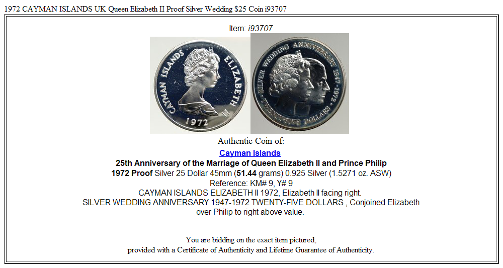 1972 CAYMAN ISLANDS UK Queen Elizabeth II Proof Silver Wedding $25 Coin i93707