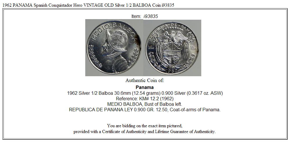 1962 PANAMA Spanish Conquistador Hero VINTAGE OLD Silver 1/2 BALBOA Coin i93835