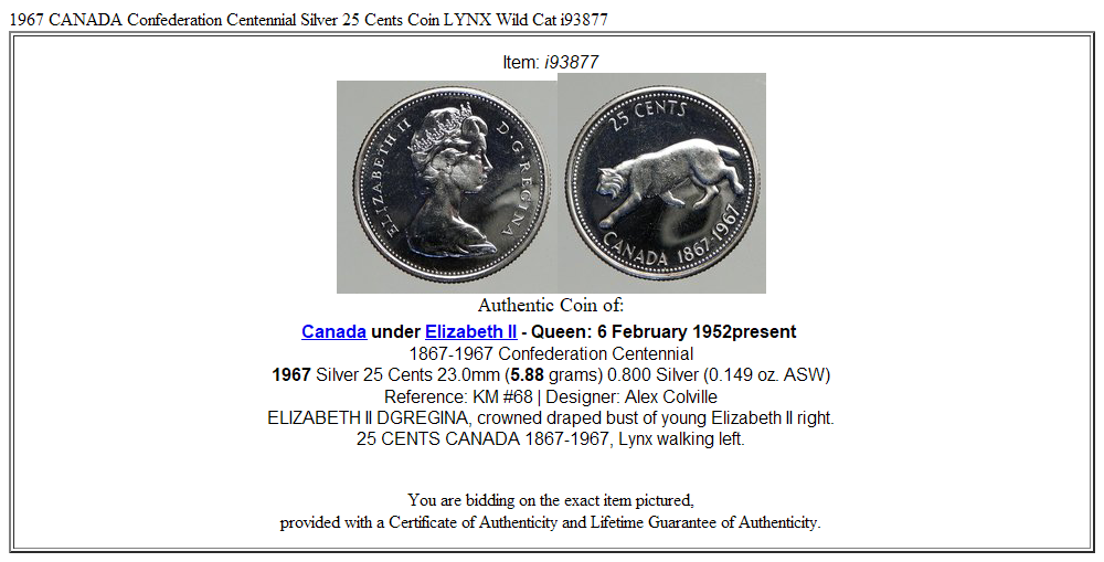 1967 CANADA Confederation Centennial Silver 25 Cents Coin LYNX Wild Cat i93877