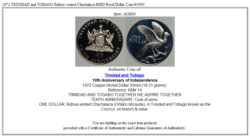 1972 TRINIDAD and TOBAGO Rufous-vented Chachalaca BIRD Proof Dollar Coin i93900