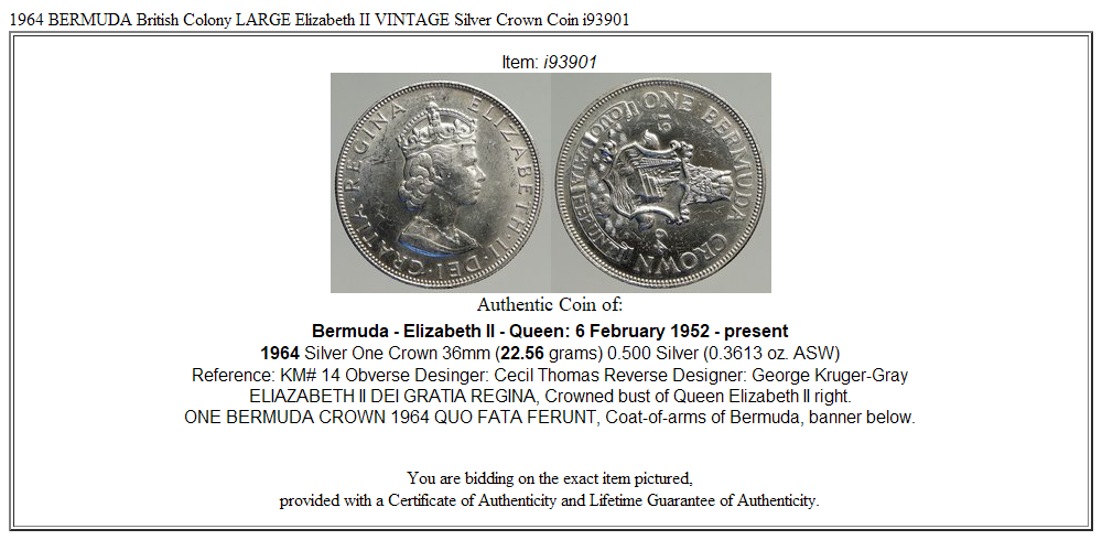 1964 BERMUDA British Colony LARGE Elizabeth II VINTAGE Silver Crown Coin i93901