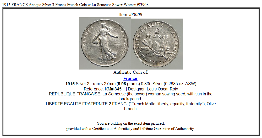 1915 FRANCE Antique Silver 2 Francs French Coin w La Semeuse Sower Woman i93908