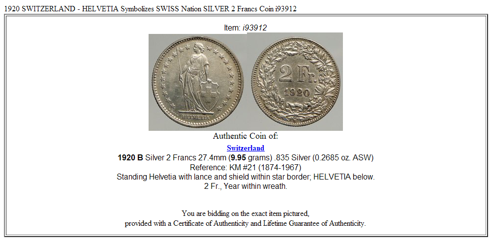 1920 SWITZERLAND - HELVETIA Symbolizes SWISS Nation SILVER 2 Francs Coin i93912