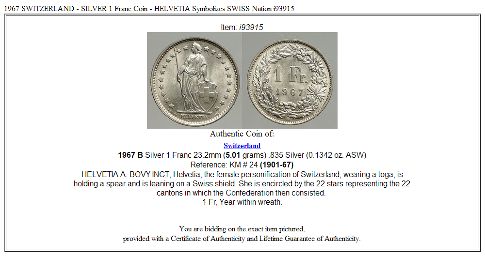 1967 SWITZERLAND - SILVER 1 Franc Coin - HELVETIA Symbolizes SWISS Nation i93915