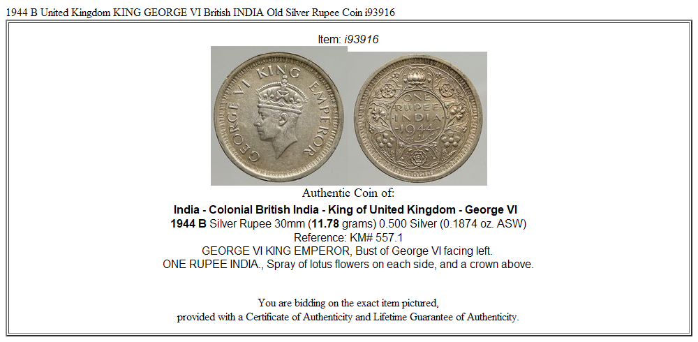 1944 B United Kingdom KING GEORGE VI British INDIA Old Silver Rupee Coin i93916