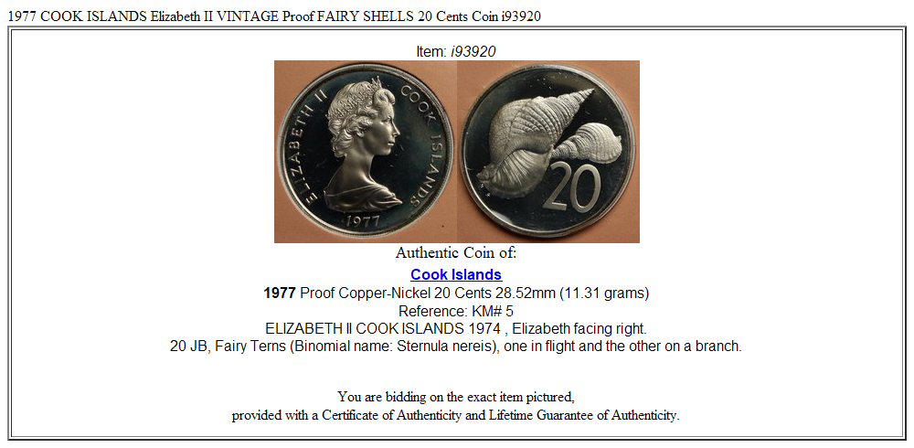 1977 COOK ISLANDS Elizabeth II VINTAGE Proof FAIRY SHELLS 20 Cents Coin i93920