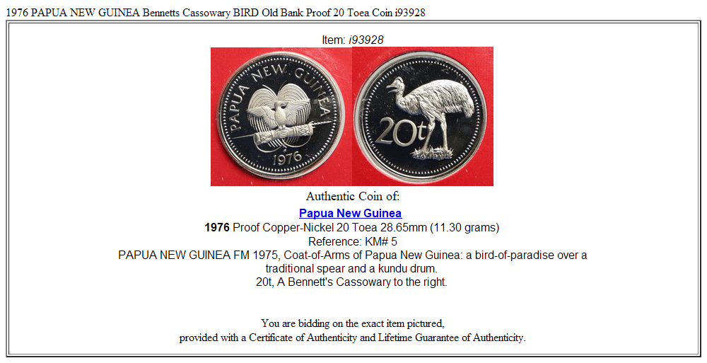 1976 PAPUA NEW GUINEA Bennetts Cassowary BIRD Old Bank Proof 20 Toea Coin i93928