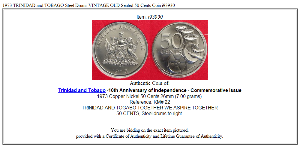 1973 TRINIDAD and TOBAGO Steel Drums VINTAGE OLD Sealed 50 Cents Coin i93930