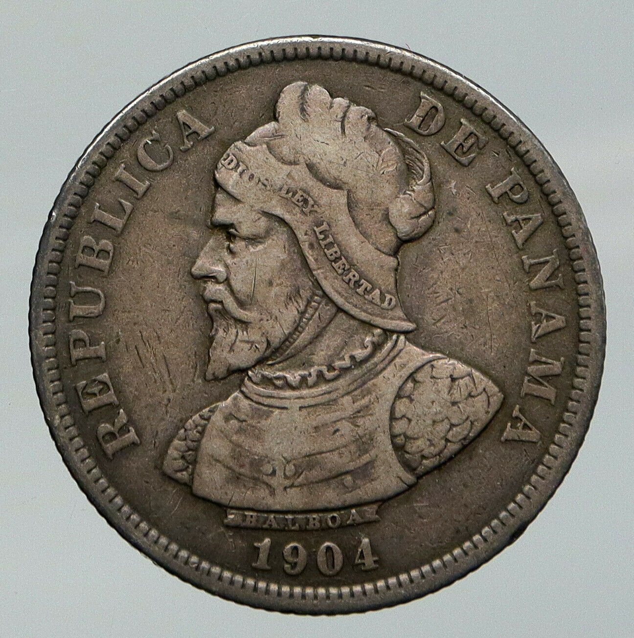 1904 PANAMA CONQUISTADOR BALBOA Antique Genuine Silver 25 Centesimos Coin i93057