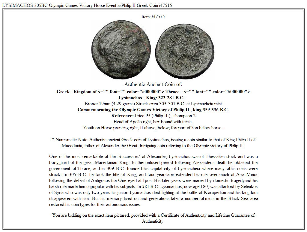 LYSIMACHOS 305BC Olympic Games Victory Horse Event asPhilip II Greek Coin i47515