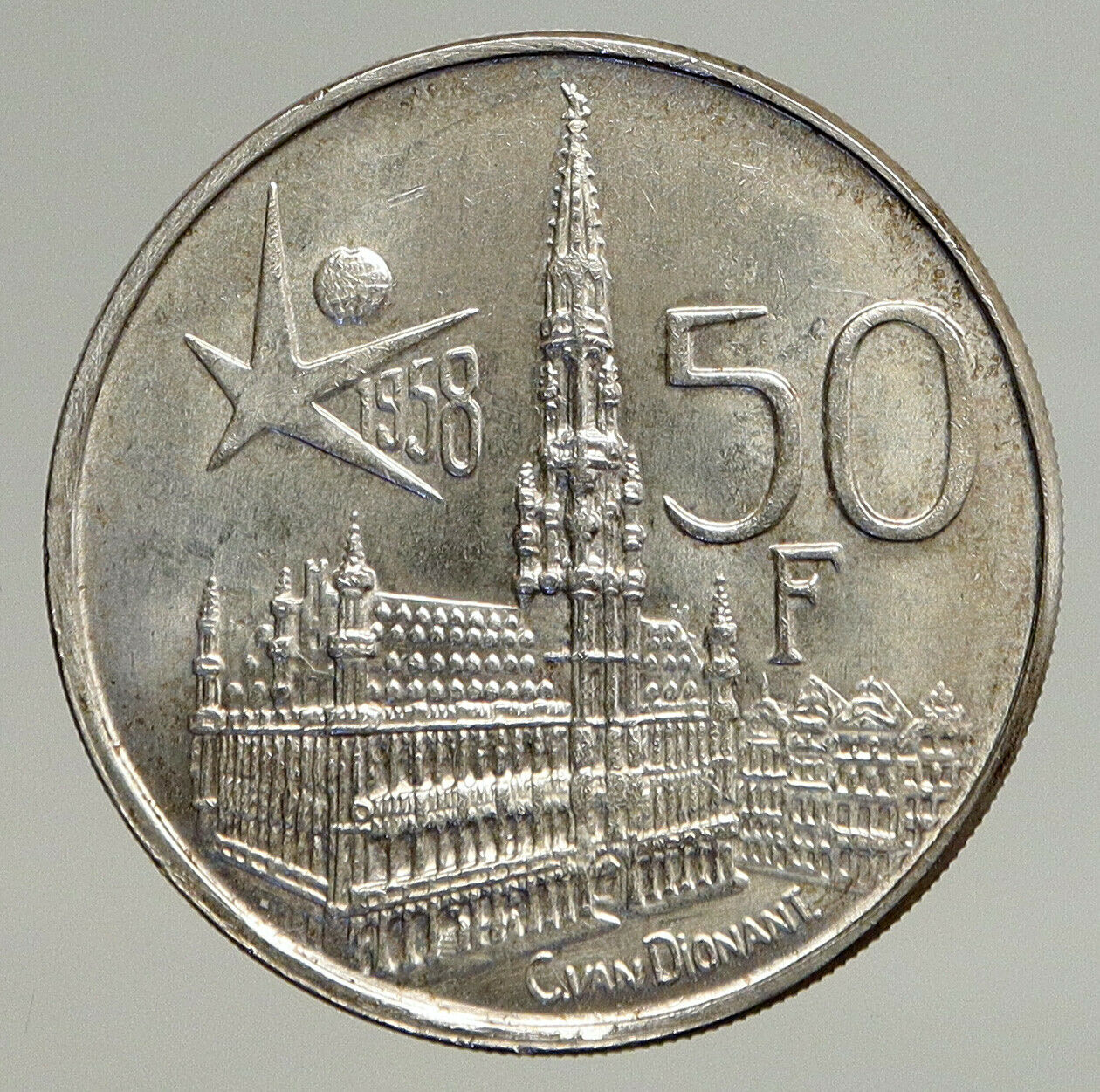 1958 BELGIUM BRUSSELS WORLD's FAIR 58 Baudouin Silver 50 Francs Coin i93595