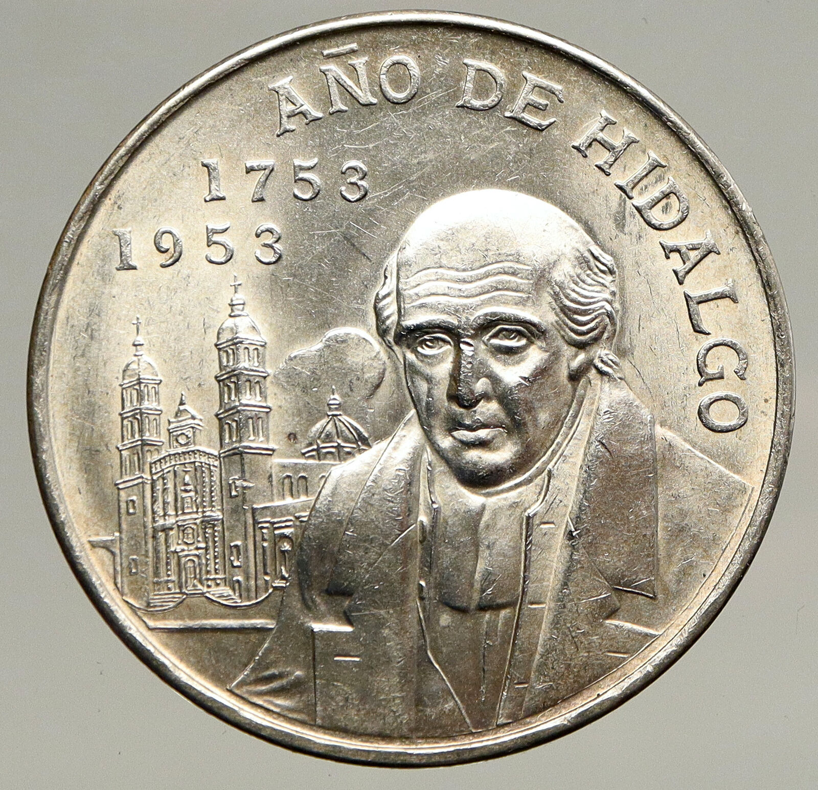 1953 MEXICO Large SILVER 5 Pesos Coin w MEXICAN Independence HERO Hidalgo i93444